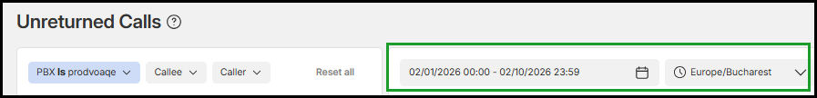 Unreturned Calls filters showing a date and time range selectors and a time zone dropdown used to refine unreturned call results